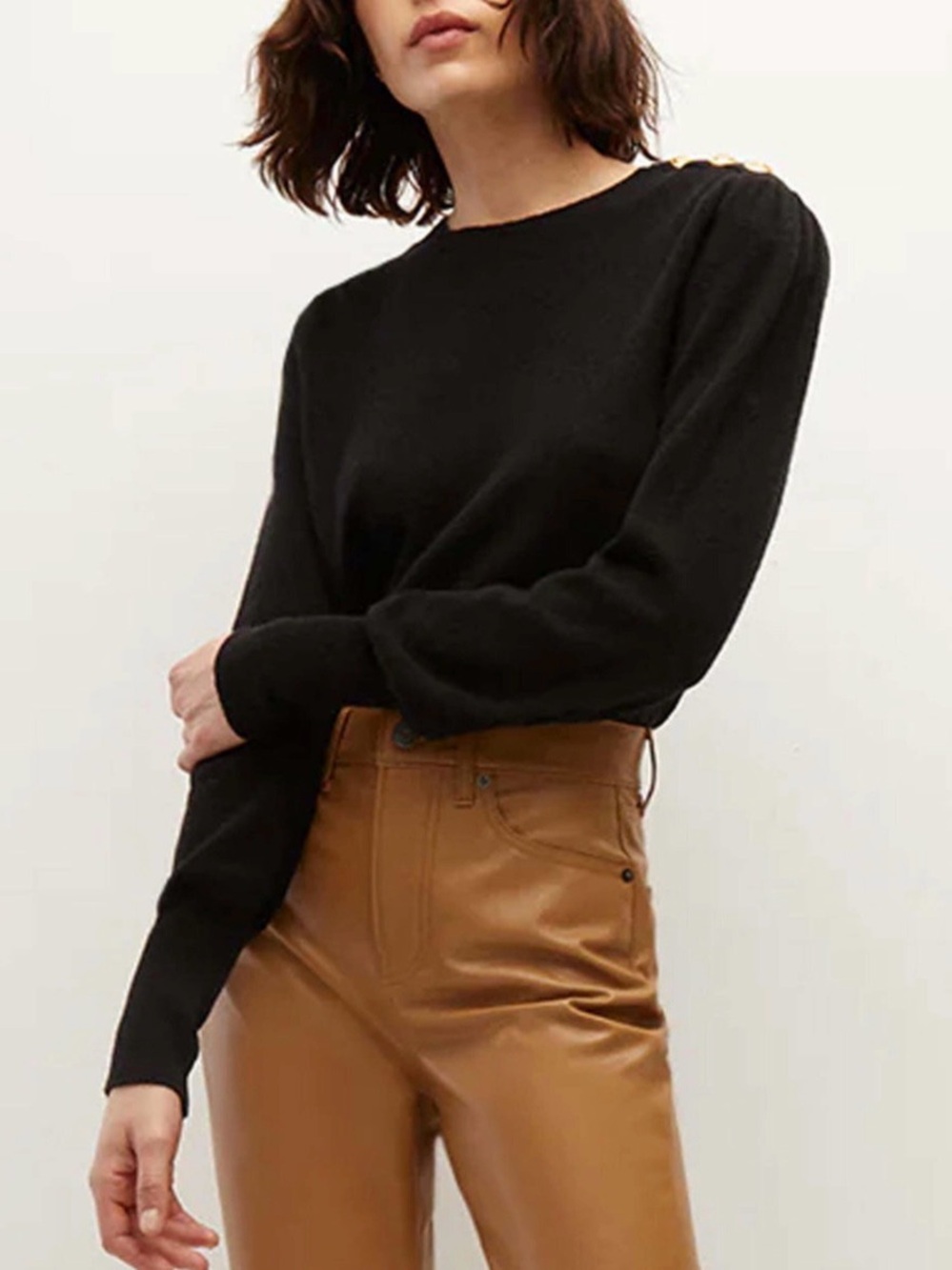 Veronica Beard Nelia Black Cashmere Crewneck Pullover with Gold Button Accents